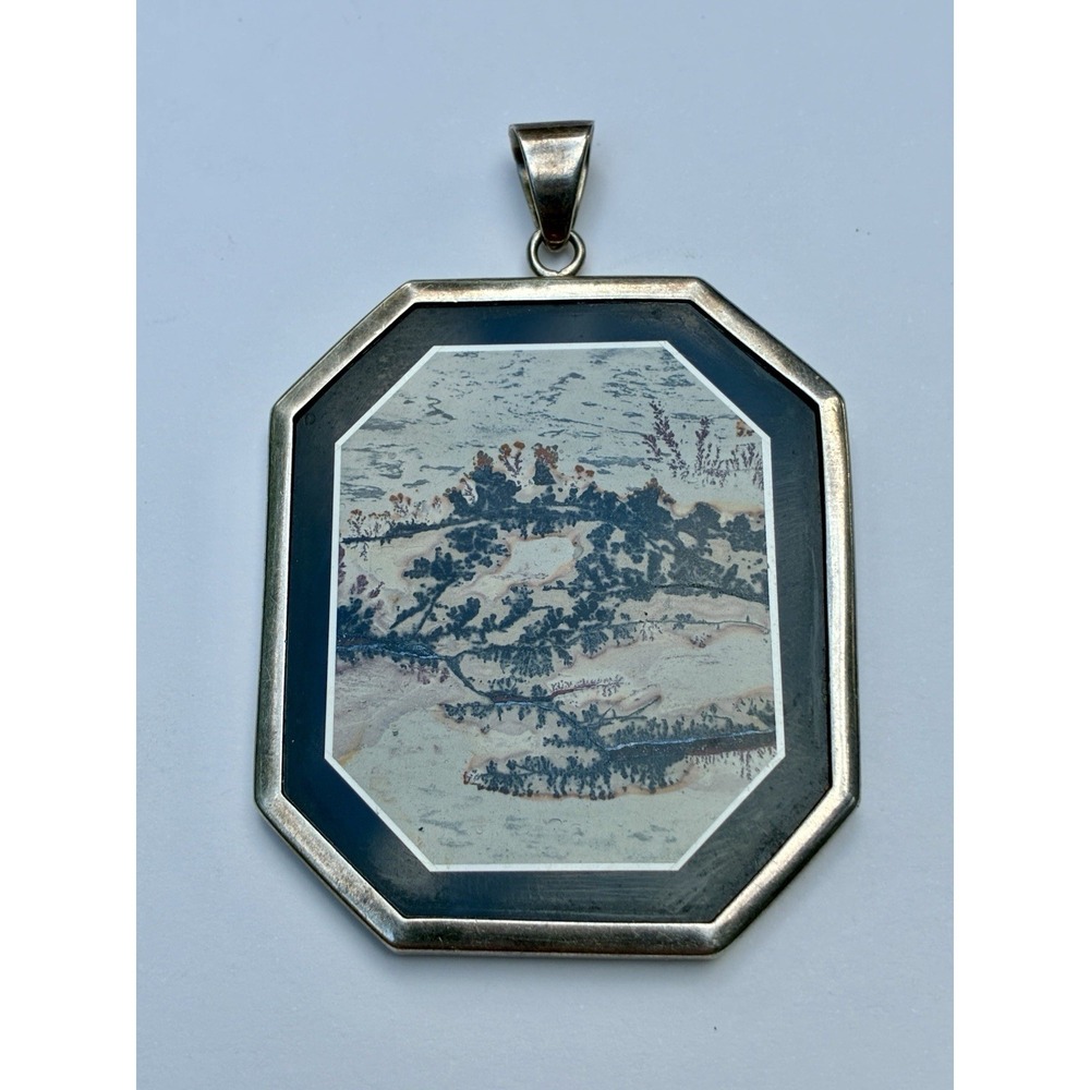 Vintage Dendritic Agate Landscape Possible Intarsia Silver Pendant Lapidary